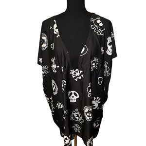 Black Y2K Skull Print Swim Coverup Wrap One Size Fits Most
